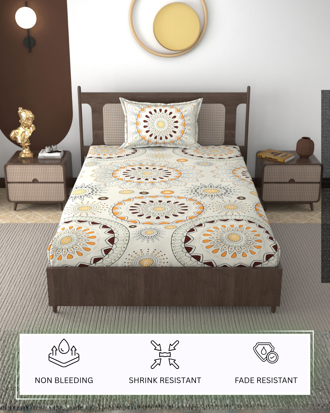 Furnofy 140 GSM Elastic Fitted Single Bedsheet (78 * 48 inches with 6" to 8" Pocket Size) with 1 Pillow Cover (18x 27 inches) - Floral Multicolors