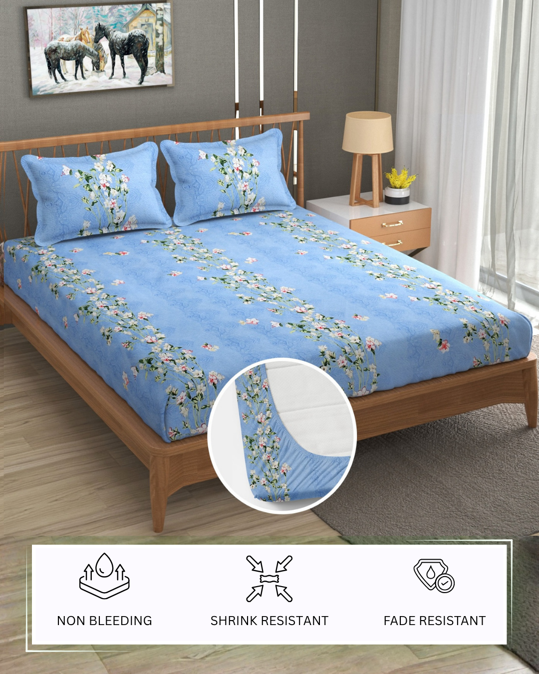 Furnofy 140 GSM Fitted King Size Bedsheet (78"x72" + 6" Pocket Size) with 2 Pillow Covers (18x27 inches) - Floral, Blue