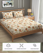 Furnofy 140 GSM Fitted Bedsheet (L-78 x B-72 + 6" Pocket) with 2 Pillow Covers - Fitted, Floral Print, Soft & Stretchable