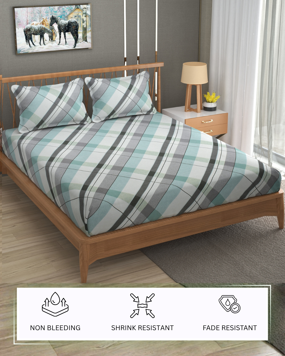 Furnofy Premium Fitted Double Bedsheet with 2 Pillow Covers (L-78" x B-72" + 6" Pocket) - Fitted, White & Aqua