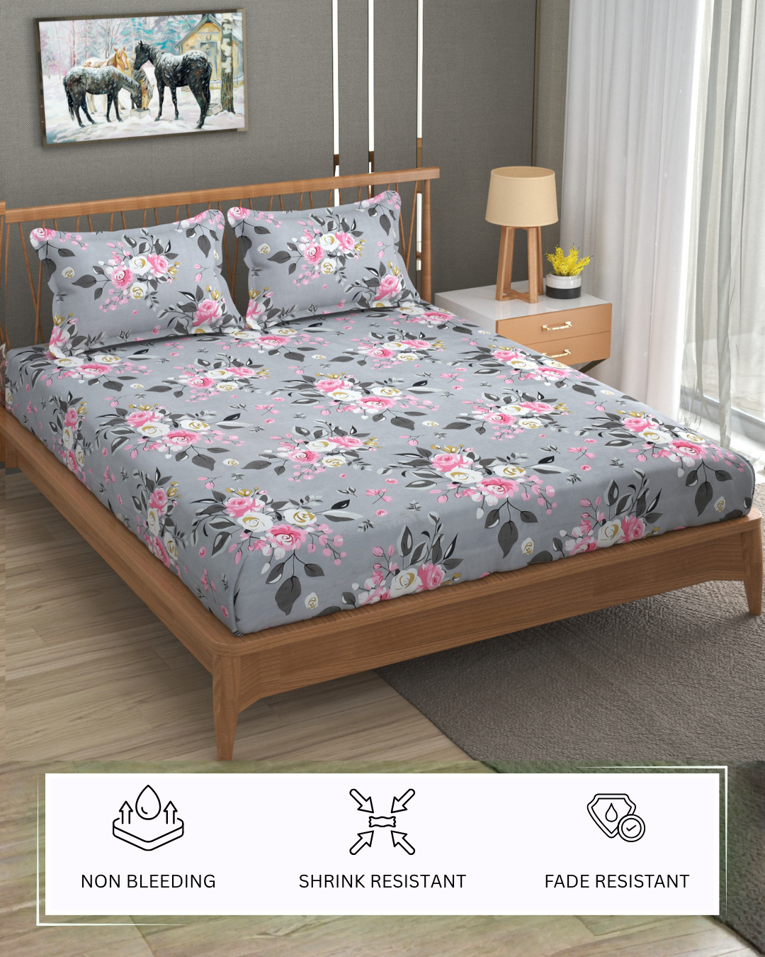 Furnofy Premium Fitted Double Bedsheet with 2 Pillow Covers (L-78" x B-72" + 6" Pocket) - Fitted, Grey and Pink - Floral