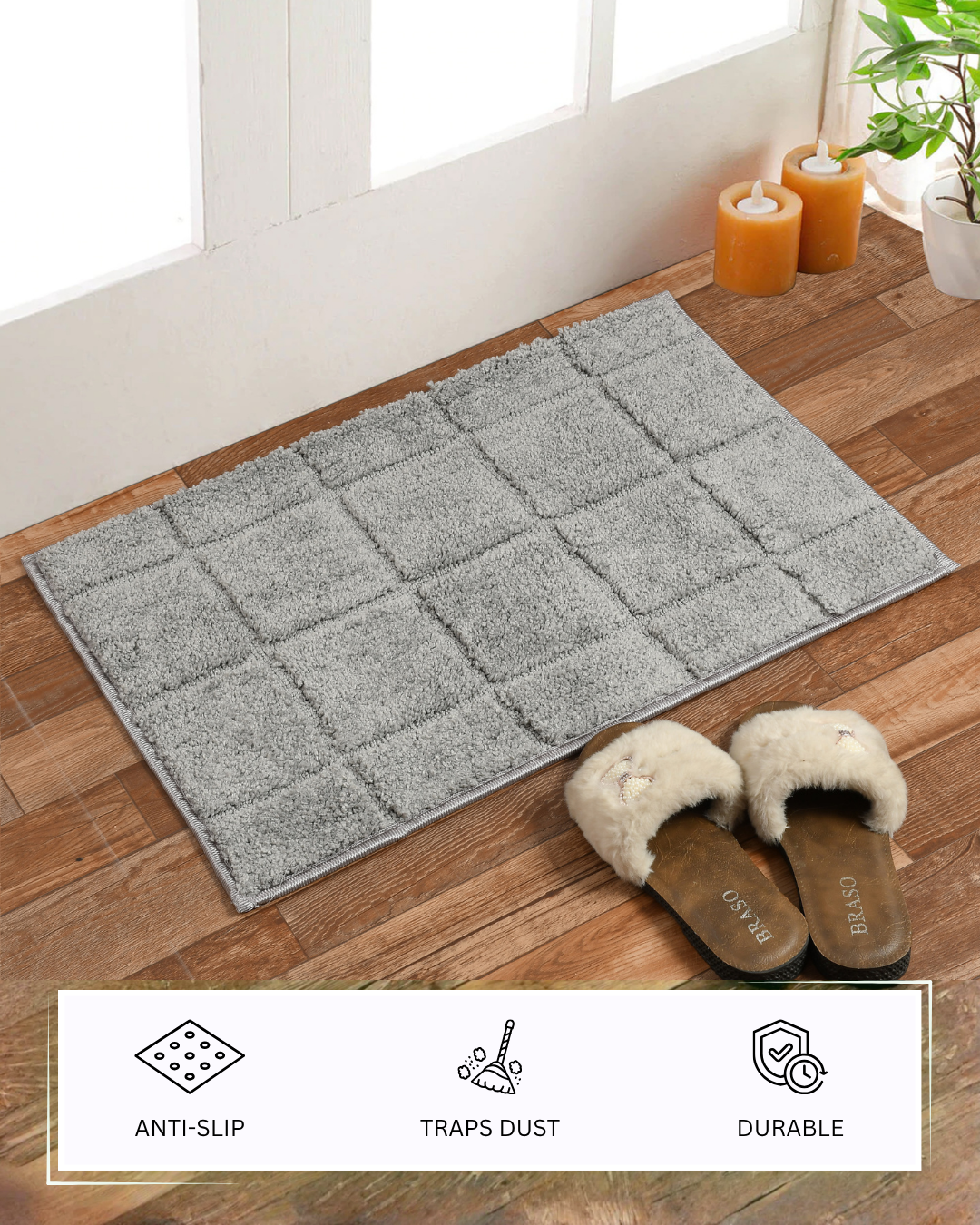 Furnofy Antiskid Lightweight Fluffy Doormats (Pack of 1, 40x60 CMs) - Light Grey