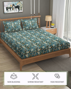 Furnofy Premium Fitted Double Bedsheet with 2 Pillow Covers (L-78" x B-72" + 6" Pocket) - Fitted, Green & Blue - Floral