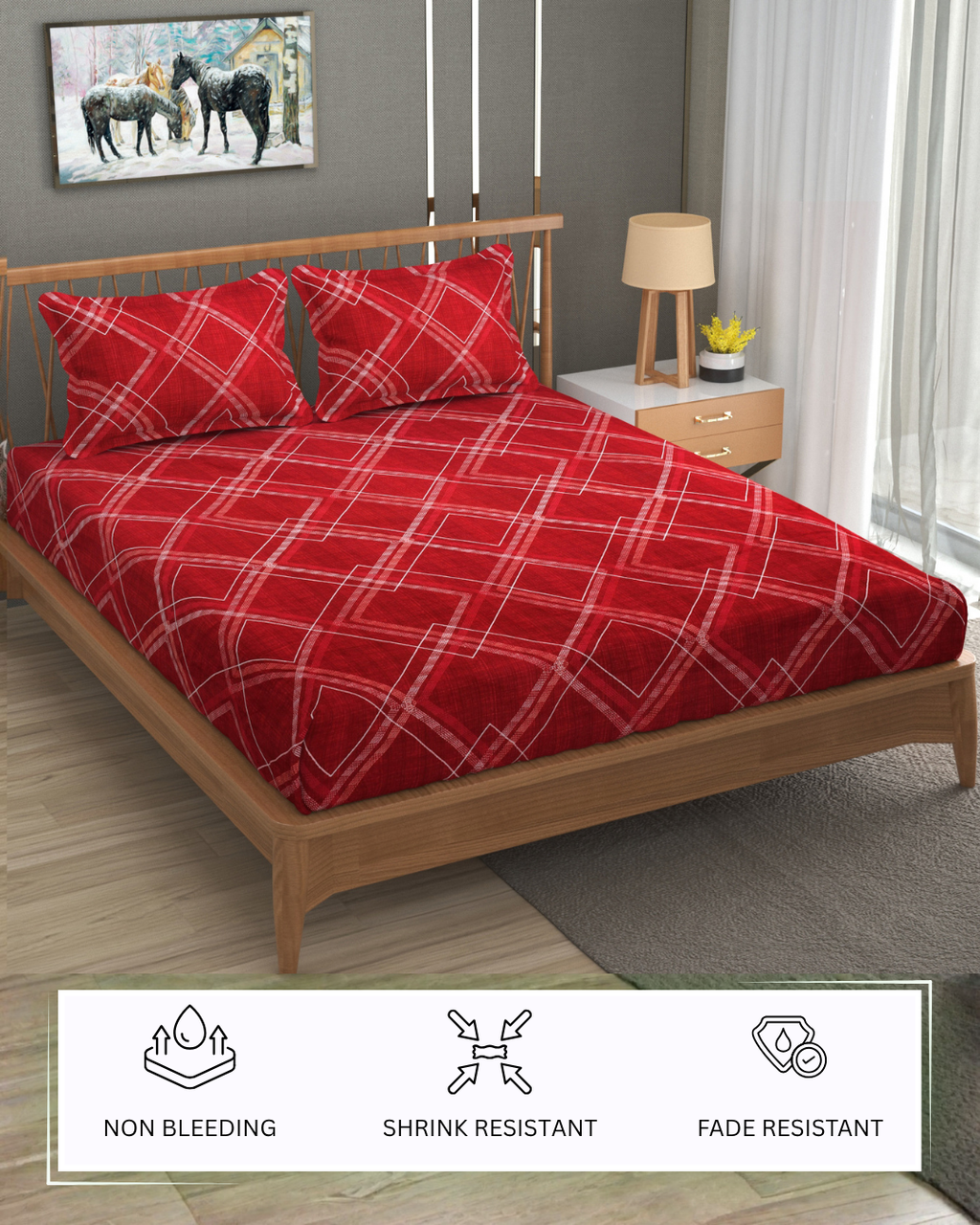 Furnofy Premium Fitted Double Bedsheet with 2 Pillow Covers (L-78" x B-72" + 6" Pocket) - Fitted, Red & White