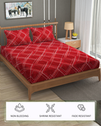 Furnofy Premium Fitted Double Bedsheet with 2 Pillow Covers (L-78" x B-72" + 6" Pocket) - Fitted, Red & White