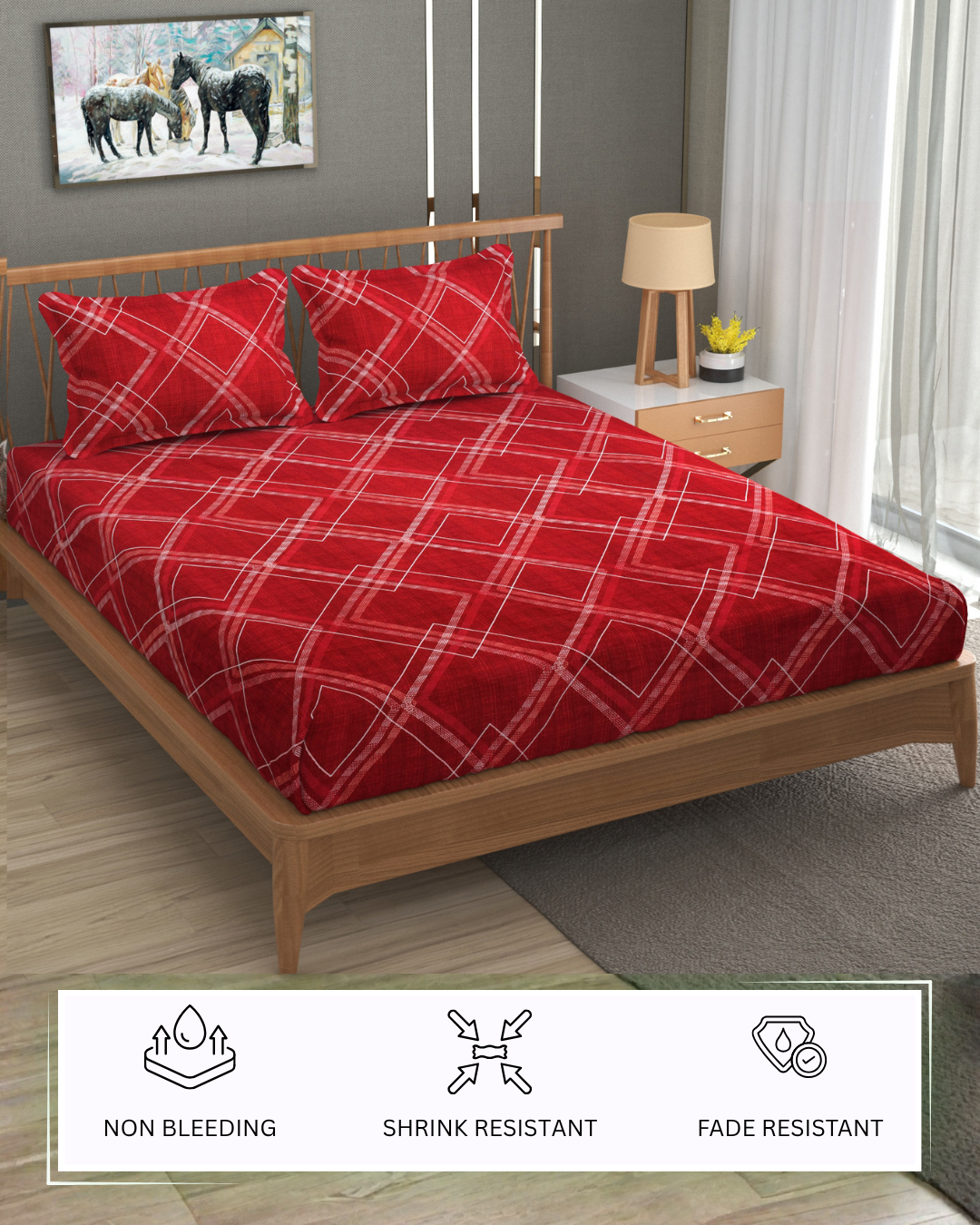 Furnofy Premium Fitted Double Bedsheet with 2 Pillow Covers (L-78" x B-72" + 6" Pocket) - Fitted, Red & White