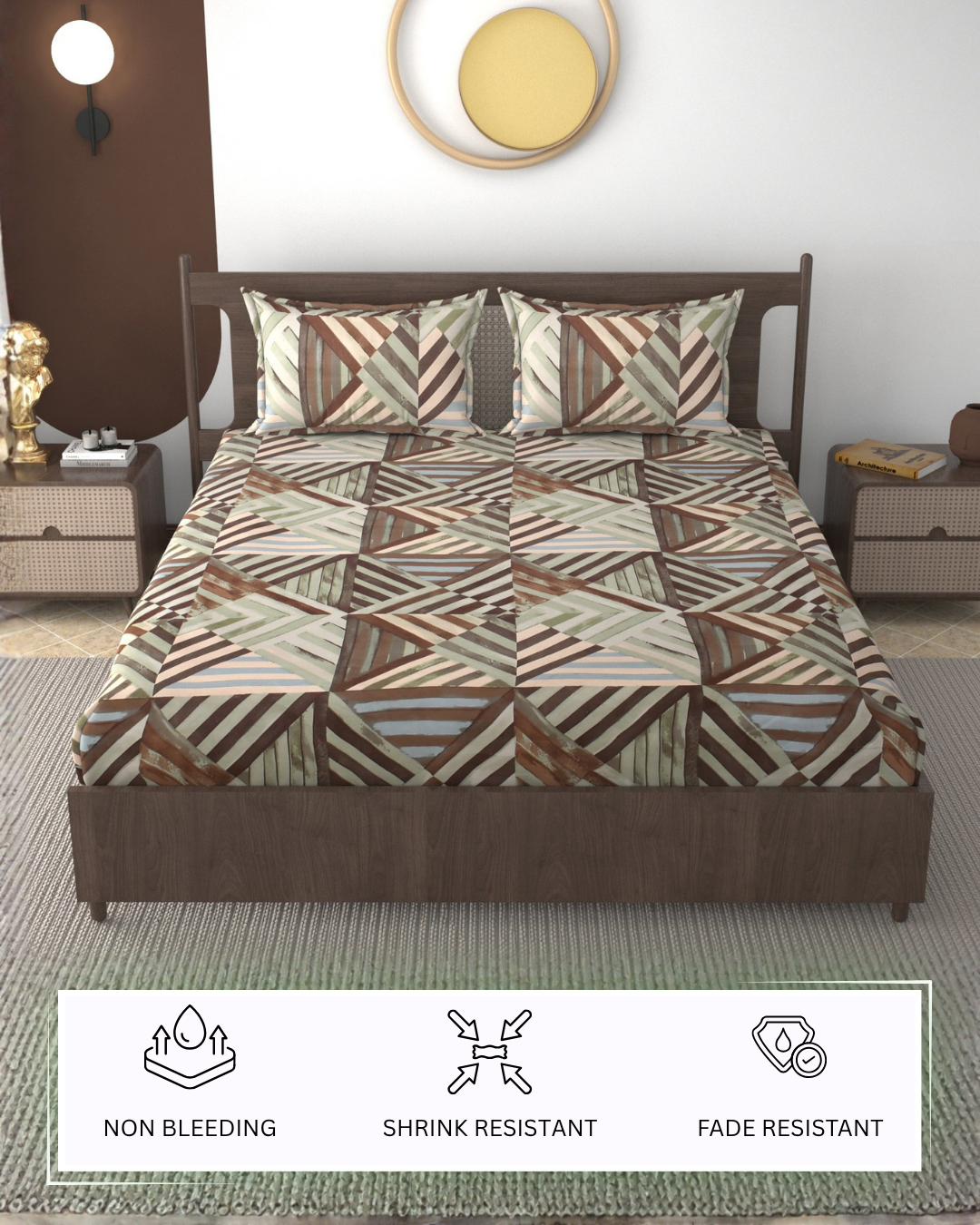 Furnofy 140 GSM Fitted  Double Bedsheet (78"x72" + 6" Pocket Size) with 2 Pillow Covers (18x27 inches) - Abstract Brown