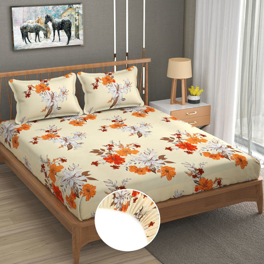 Floral Cream Fitted Bedsheet - 72"x78" + 8" Pocket Size