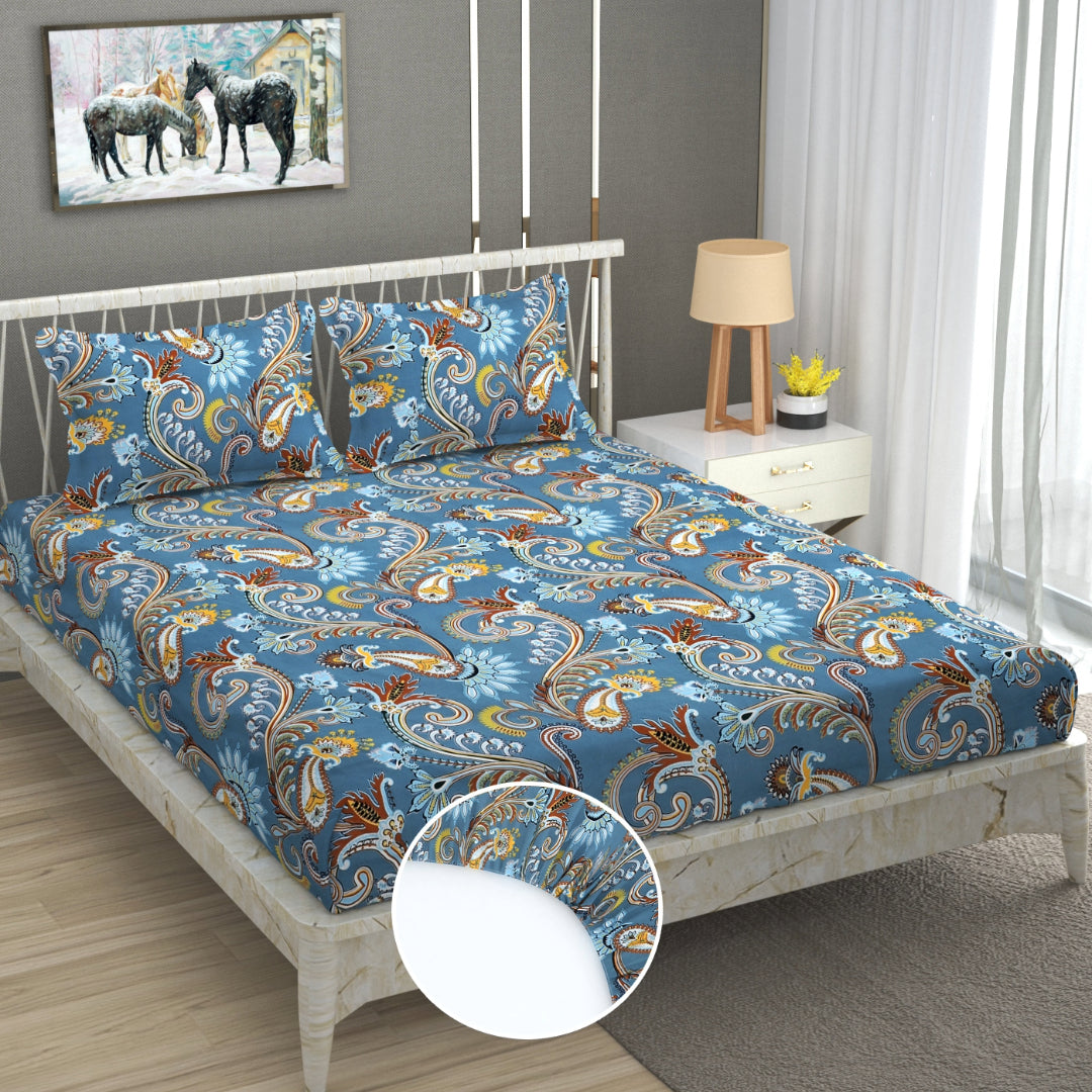 Paisley Print Blue Fitted Bedsheet - 72"x78" + 8" Pocket Size