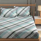 Furnofy Premium Fitted Double Bedsheet with 2 Pillow Covers (L-78" x B-72" + 6" Pocket) - Fitted, White & Aqua