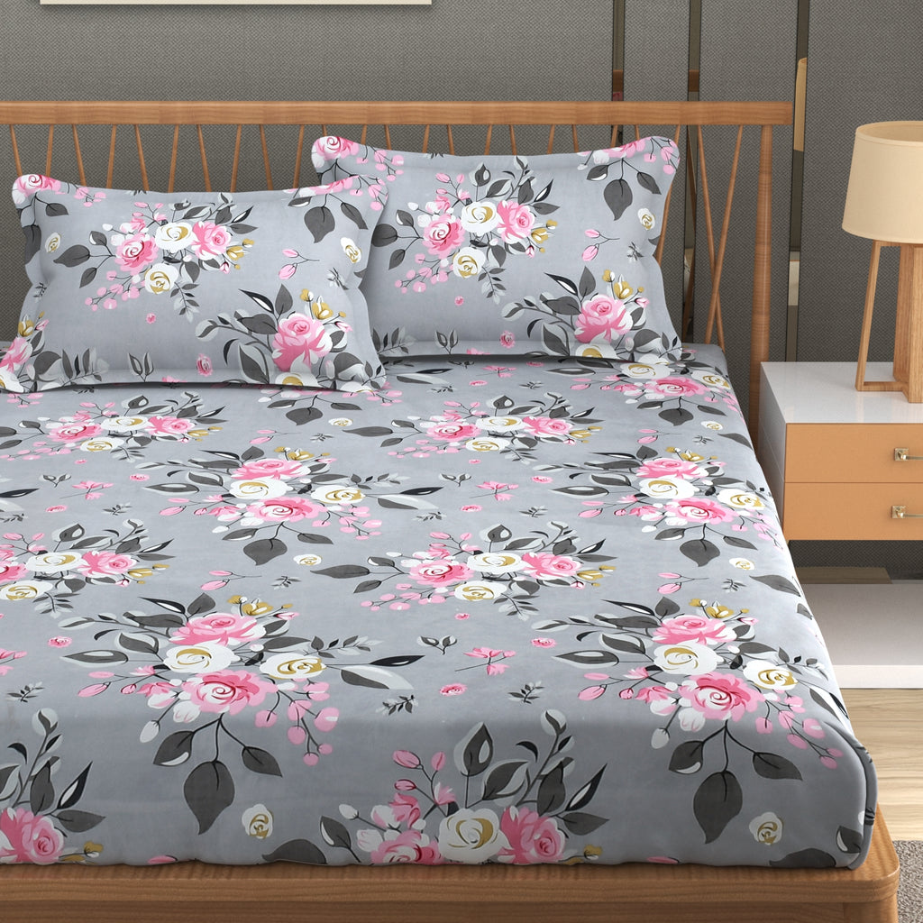 Furnofy Premium Fitted Double Bedsheet with 2 Pillow Covers (L-78" x B-72" + 6" Pocket) - Fitted, Grey and Pink - Floral