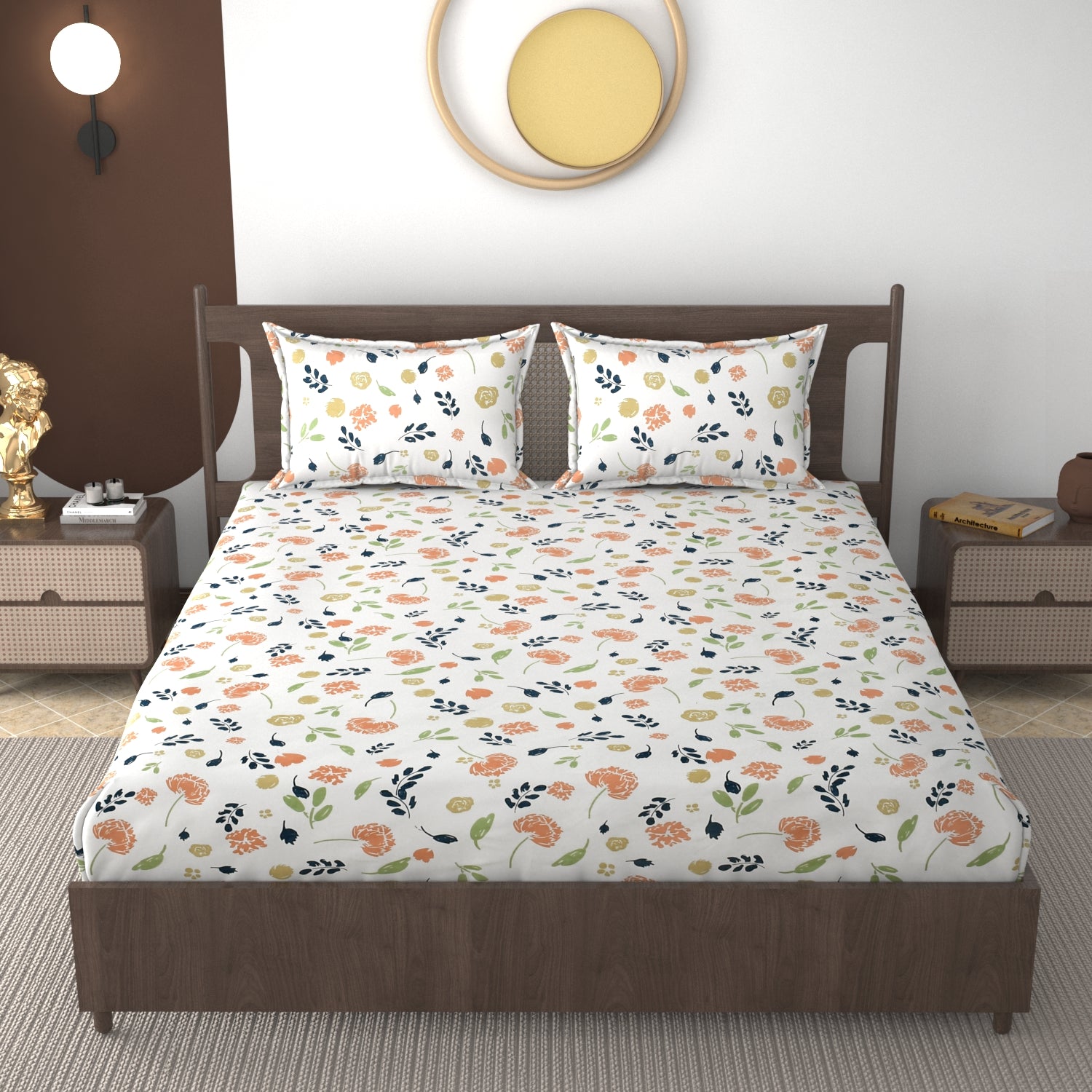 Furnofy 140 GSM Fitted  Double Bedsheet (78"x72" + 6" Pocket Size) with 2 Pillow Covers (18x27 inches)