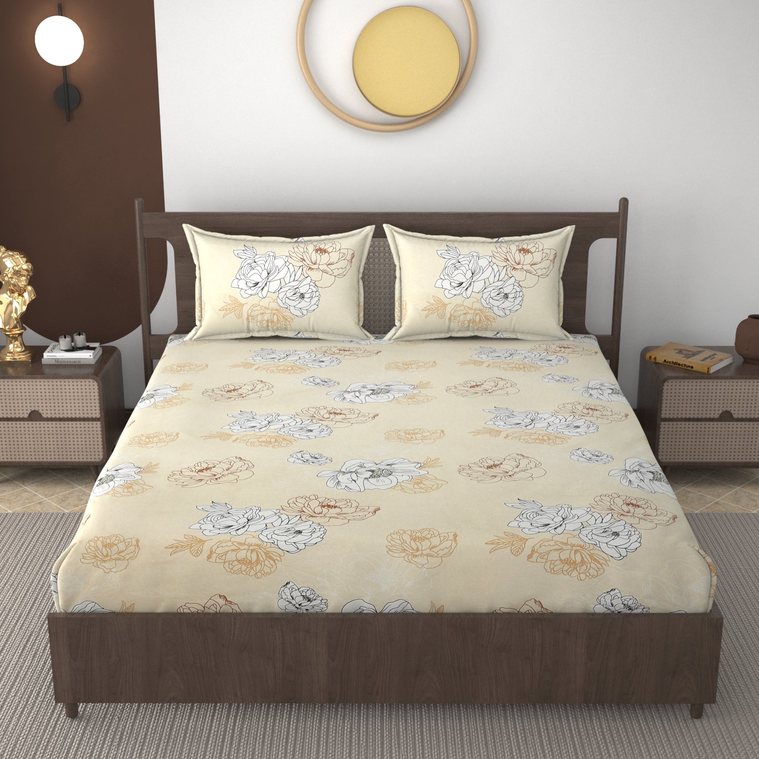 Furnofy 140 GSM Fitted  Double Bedsheet (78"x72" + 6" Pocket Size) with 2 Pillow Covers (18x27 inches)