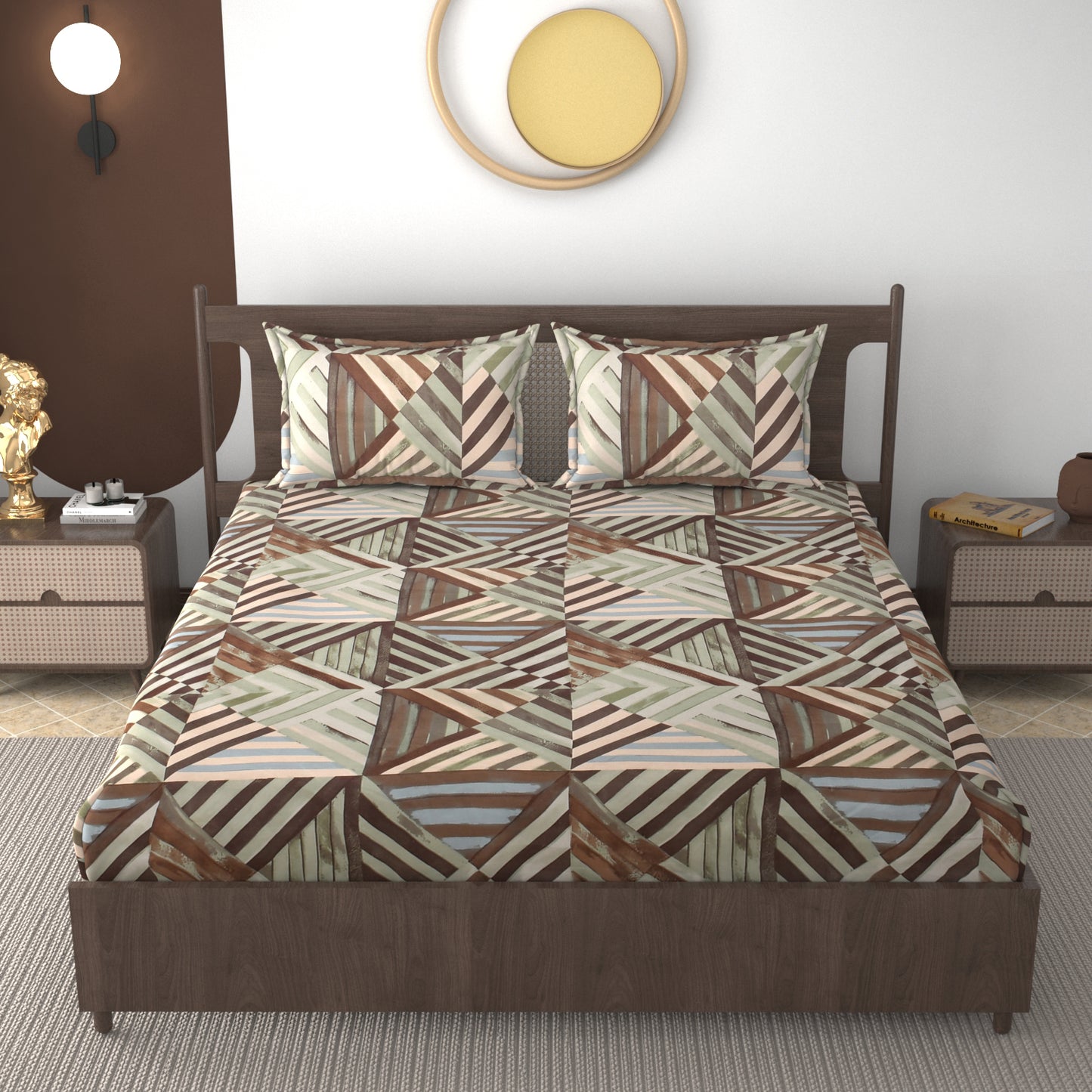 Furnofy 140 GSM Fitted  Double Bedsheet (78"x72" + 6" Pocket Size) with 2 Pillow Covers (18x27 inches) - Abstract Brown