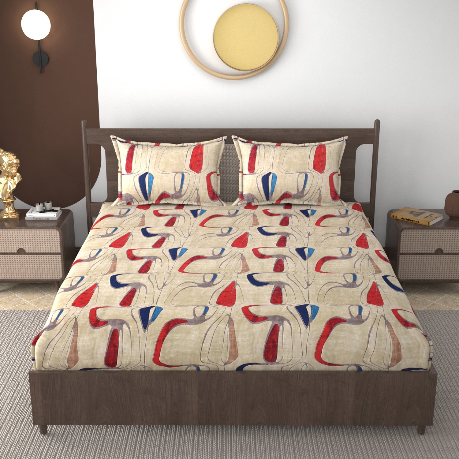 Furnofy 140 GSM Fitted  Double Bedsheet (78"x72" + 6" Pocket Size) with 2 Pillow Covers (18x27 inches) - Abstract