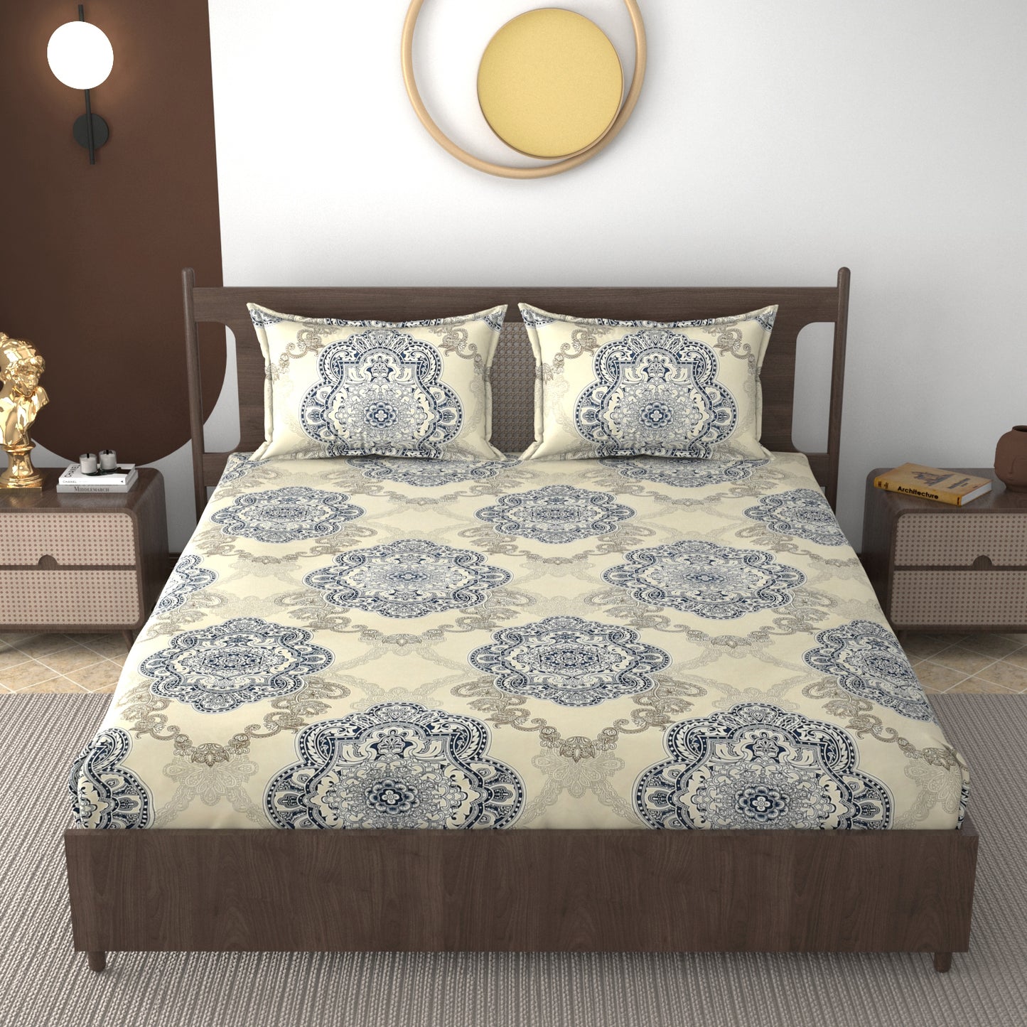 Furnofy 140 GSM Fitted  Double Bedsheet (78"x72" + 6" Pocket Size) with 2 Pillow Covers (18x27 inches) - Abstract Cream