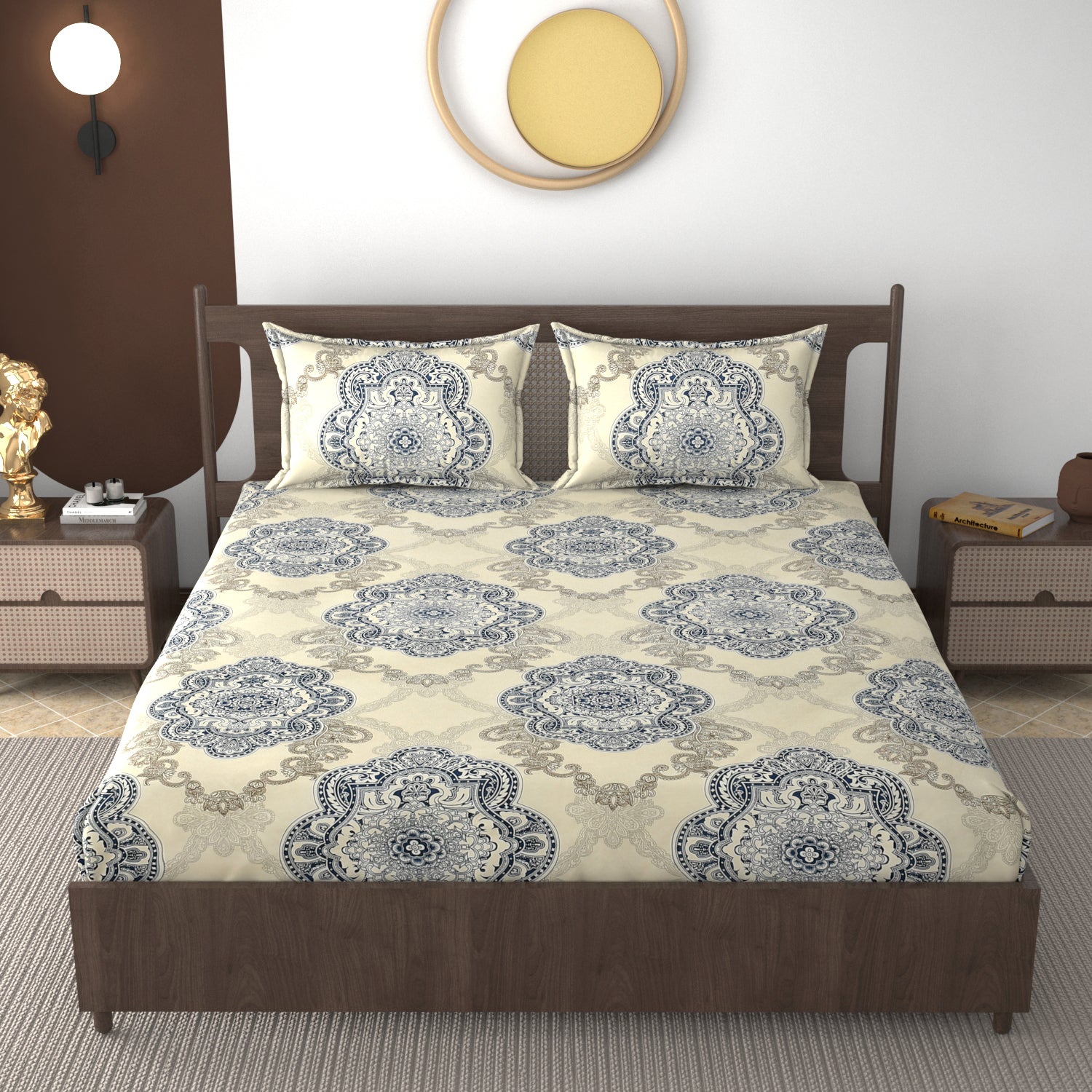 Furnofy 140 GSM Fitted  Double Bedsheet (78"x72" + 6" Pocket Size) with 2 Pillow Covers (18x27 inches) - Abstract Cream